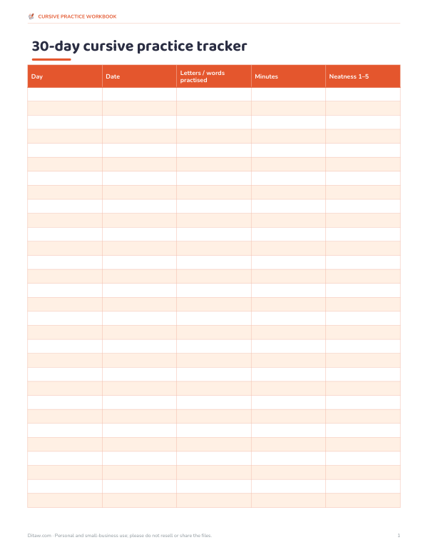 Preview of Printable 30-Day Cursive Practice Tracker