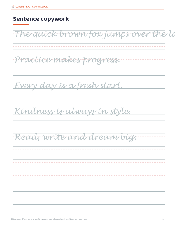 Preview of Printable Cursive Sentence Copywork Sheet
